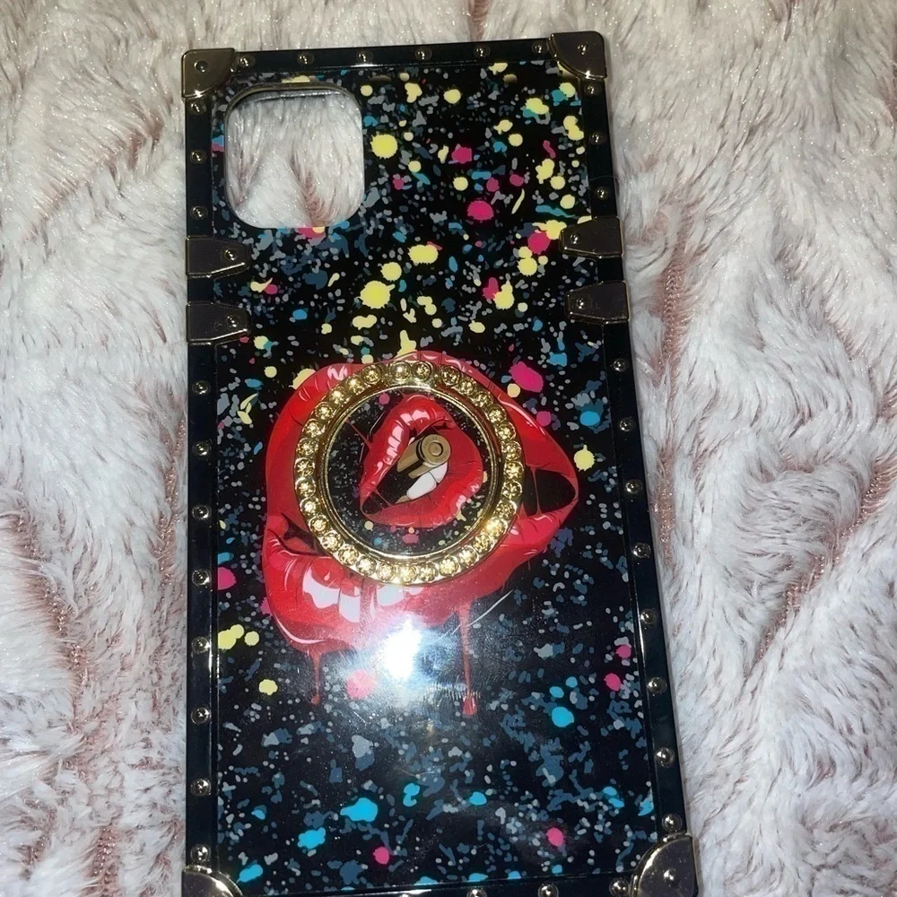 iPhone 11 Ultra Red Lips Kickstand Ring Holder Square Rivet Crystal Silicon Case